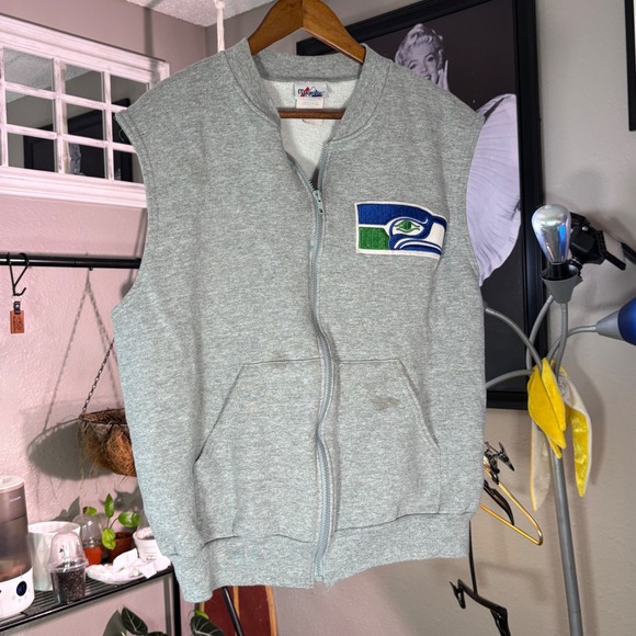 Majestic Seattle Seahawks Vest Mens Large Gray Vintage Zip Up Fleece NFL Fan